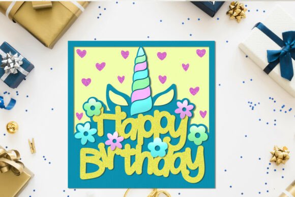 3D card featuring a unicorn horn, flowers, and 'Happy Birthday' text on a pastel background with gifts around.