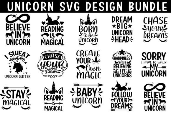 Grid of unicorn-themed SVG designs with phrases like 'Believe in Unicorn' and 'Stay Magical'.