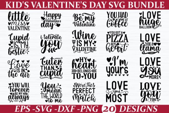 Collection of kid-friendly Valentine's Day SVG designs for Cricut.