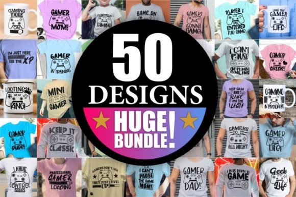 Grid of t-shirts featuring diverse gaming-related SVG graphics and slogans.