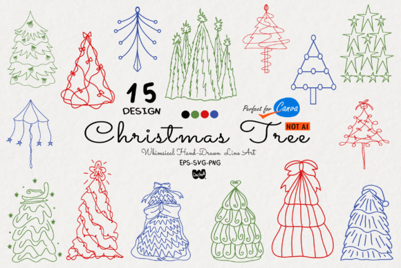 Various whimsical Christmas tree line art designs in red, green, and blue.