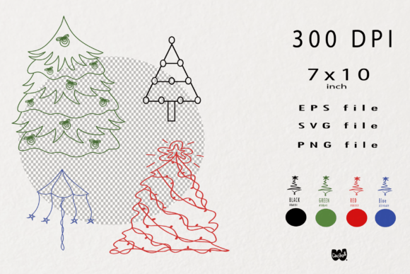 Three Christmas tree line art designs in black, red, and green with decorative elements.