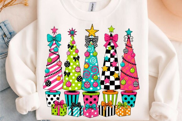 Sweatshirt with five colorful, patterned Christmas trees topped with bows and stars, above gift boxes.
