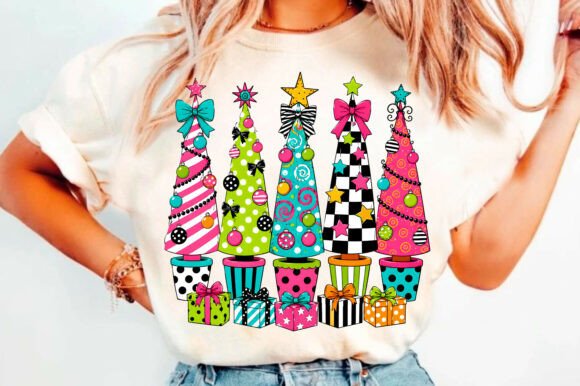 T-shirt featuring five vibrant, patterned Christmas trees with bows and stars, above colorful gift boxes.